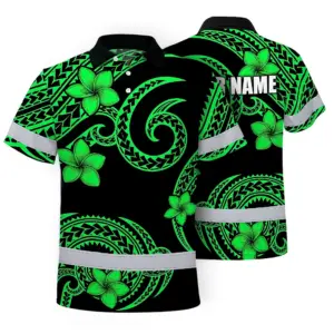 Hi Vis Polo Shirt Reflective Tapes Green Black Polynesian Custom Name Safety Workwear For Workers, Truckers, Operators