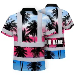 Hi Vis Polo Shirt Reflective Tapes Pink Blue Coconut Tree Custom Name Safety Workwear For Workers, Truckers, Operators