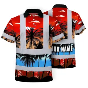Hi Vis Polo Shirt Reflective Tapes Red Coconut Tree Custom Name Safety Workwear For Workers, Truckers, Operators