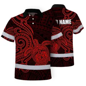 Hi Vis Polo Shirt Reflective Tapes Red Neon Polynesian Custom Name Safety Workwear For Workers, Truckers, Operators