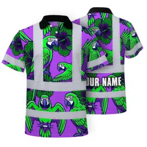 Hi Vis Polo Shirt Reflective Tapes Violet Green Parrot Custom Name Safety Workwear For Workers, Truckers, Operators