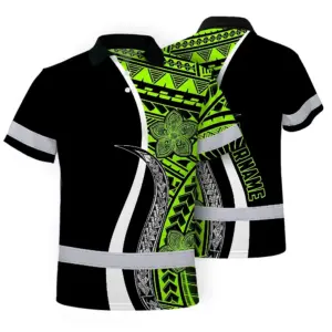Hi Vis Polo Shirt Reflective Tapes White Green Polynesian Tribal Custom Name Safety Workwear For Workers, Truckers, Operators