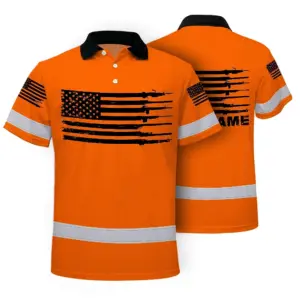Hi Vis Shirt American Flag Polo Shirt, Orange Neon Custom Name Reflective Short Sleeve Button-up Safety Shirt for Workers