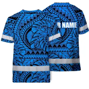 Hi Vis Shirt Reflective Tapes Blue Neon Polynesian Tribal Custom Name Safety Workwear For Workers, Truckers, Operators