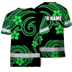 Hi Vis Shirt Reflective Tapes Green Black Polynesian Custom Name Safety Workwear For Workers, Truckers, Operators