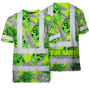Hi Vis Shirt Reflective Tapes Green Neon Grey Skull Pineapple Custom Name Safety Workwear For Workers, Truckers, Operators