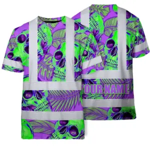 Hi Vis Shirt Reflective Tapes Green Neon Violet Skull Custom Name Safety Workwear For Workers, Truckers, Operators