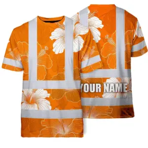 Hi Vis Shirt Reflective Tapes Orange White Flowers Custom Name Safety Workwear For Workers, Truckers, Operators
