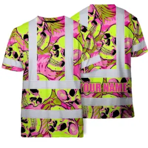 Hi Vis Shirt Reflective Tapes Pink Neon Lime Skull Custom Name Safety Workwear For Workers, Truckers, Operators