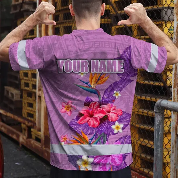 hi-vis-shirt-reflective-tapes-violet-neon-polynesian-and-flowers-bedab.webp