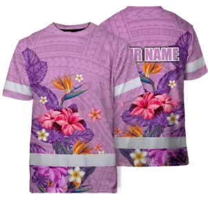 Hi Vis Shirt Reflective Tapes Violet Neon Polynesian And Flowers Custom Name Safety Workwear For Workers, Truckers, Operators