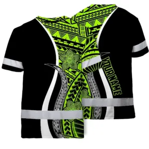 Hi Vis Shirt Reflective Tapes White Green Polynesian Tribal Custom Name Safety Workwear For Workers, Truckers, Operators