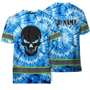Hi Vis Shirts Reflective Black Skull Blue Tie Dye Custom Name Safety Workwear For Workers, Truckers, Operators
