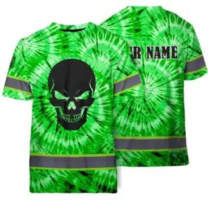 Hi Vis Shirts Reflective Black Skull Green Tie Dye Custom Name Safety Workwear For Workers, Truckers, Operators