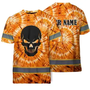 Hi Vis Shirts Reflective Black Skull Orange Tie Dye Custom Name Safety Workwear For Workers, Truckers, Operators