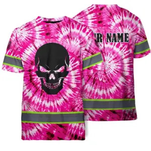Hi Vis Shirts Reflective Black Skull Pink Tie Dye Custom Name Safety Workwear For Workers, Truckers, Operators