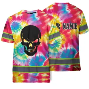 Hi Vis Shirts Reflective Black Skull Rainbow Tie Dye Custom Name Safety Workwear For Workers, Truckers, Operators