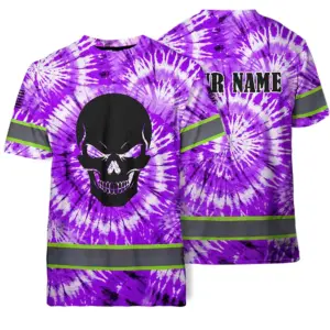 Hi Vis Shirts Reflective Black Skull Violet Tie Dye Custom Name Safety Workwear For Workers, Truckers, Operators