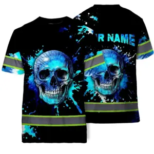 Hi Vis Shirts Reflective Blue Skull Tie Dye Custom Name Safety Workwear For Workers, Truckers, Operators