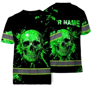 Hi Vis Shirts Reflective Green Skull Tie Dye Custom Name Safety Workwear For Workers, Truckers, Operators