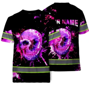 Hi Vis Shirts Reflective Pink Violet Skull Tie Dye Custom Name Safety Workwear For Workers, Truckers, Operators