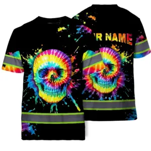 Hi Vis Shirts Reflective Rainbow Skull Tie Dye Custom Name Safety Workwear For Workers, Truckers, Operators