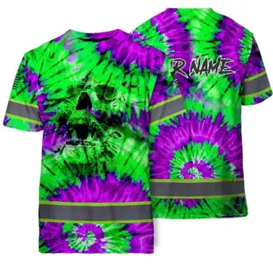 Hi Vis Shirts Reflective Scratch Skull Green Violet Tie Dye Custom Name Safety Workwear For Workers, Truckers, Operators