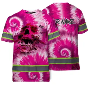 Hi Vis Shirts Reflective Scratch Skull Pink Tie Dye Custom Name Safety Workwear For Workers, Truckers, Operators