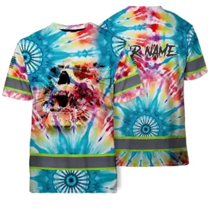 Hi Vis Shirts Reflective Scratch Skull Rainbow 2 Tie Dye Custom Name Safety Workwear For Workers, Truckers, Operators