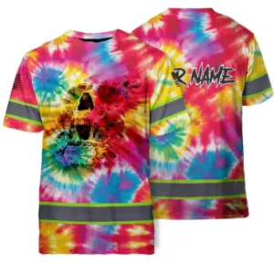 Hi Vis Shirts Reflective Scratch Skull Rainbow Tie Dye Custom Name Safety Workwear For Workers, Truckers, Operators
