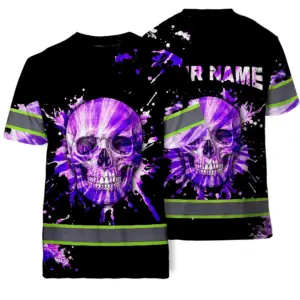 Hi Vis Shirts Reflective Violet Skull Tie Dye Custom Name Safety Workwear For Workers, Truckers, Operators
