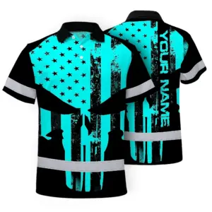 Hi Vis Skull Polo Shirt, Blue Neon Custom Name High Visibility Short Sleeve Button Down Shirt for Workers, Truckers