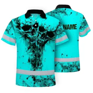 Hi Vis Skull Polo Shirt, Blue Neon Custom Name High Visibility Short Sleeve Button Down Shirt for Workers, Truckers
