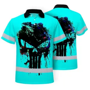 Hi Vis Skull Polo Shirt, Blue Neon Custom Name High Visibility Short Sleeve Button Down Shirt for Workers, Truckers