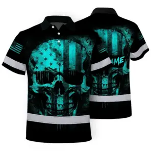 Hi Vis Skull Polo Shirt, Blue Neon Custom Name High Visibility Short Sleeve Button Down Shirt for Workers, Truckers