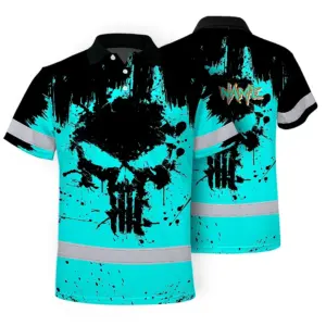 Hi Vis Skull Polo Shirt, Blue Neon Custom Name High Visibility Short Sleeve Button Down Shirt for Workers, Truckers