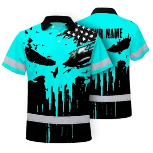Hi Vis Skull Polo Shirt, Blue Neon Custom Name High Visibility Short Sleeve Button Down Shirt for Workers, Truckers