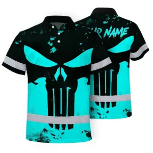 Hi Vis Skull Polo Shirt, Blue Neon Custom Name High Visibility Short Sleeve Button Down Shirt for Workers, Truckers