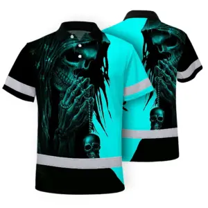 Hi Vis Skull Polo Shirt, Blue Neon Custom Name High Visibility Short Sleeve Button Down Shirt for Workers, Truckers