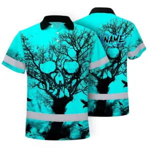 Hi Vis Skull Polo Shirt, Blue Neon Custom Name High Visibility Short Sleeve Button Down Shirt for Workers, Truckers