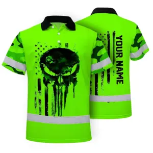 Hi Vis Skull Polo Shirt, Green Neon Custom Name High Visibility Short Sleeve Button Down Shirt for Workers, Truckers