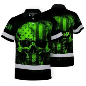 Hi Vis Skull Polo Shirt, Green Neon Custom Name High Visibility Short Sleeve Button Down Shirt for Workers, Truckers
