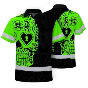 Hi Vis Skull Polo Shirt, Green Neon Custom Name High Visibility Short Sleeve Button Down Shirt for Workers, Truckers