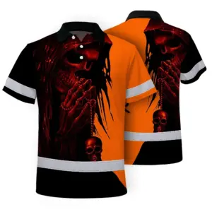 Hi Vis Skull Polo Shirt, Orange Neon Custom Name High Visibility Short Sleeve Button Down Shirt for Workers, Truckers