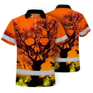 Hi Vis Skull Polo Shirt, Orange Neon Custom Name High Visibility Short Sleeve Button Down Shirt for Workers, Truckers