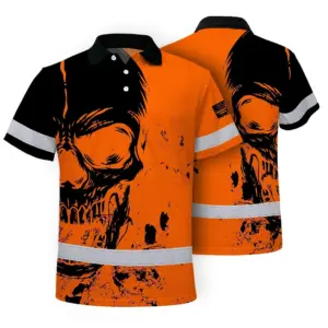 Hi Vis Skull Polo Shirt, Orange Neon Custom Name High Visibility Short Sleeve Button Down Shirt for Workers, Truckers