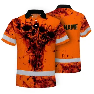 Hi Vis Skull Polo Shirt, Orange Neon Custom Name High Visibility Short Sleeve Button Down Shirt for Workers, Truckers