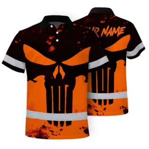 Hi Vis Skull Polo Shirt, Orange Neon Custom Name High Visibility Short Sleeve Button Down Shirt for Workers, Truckers