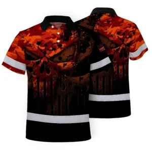 Hi Vis Skull Polo Shirt, Orange Neon Custom Name High Visibility Short Sleeve Button Down Shirt for Workers, Truckers