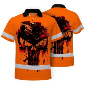 Hi Vis Skull Polo Shirt,Orange Neon Custom Name High Visibility Short Sleeve Button Down Shirt for Workers, Truckers